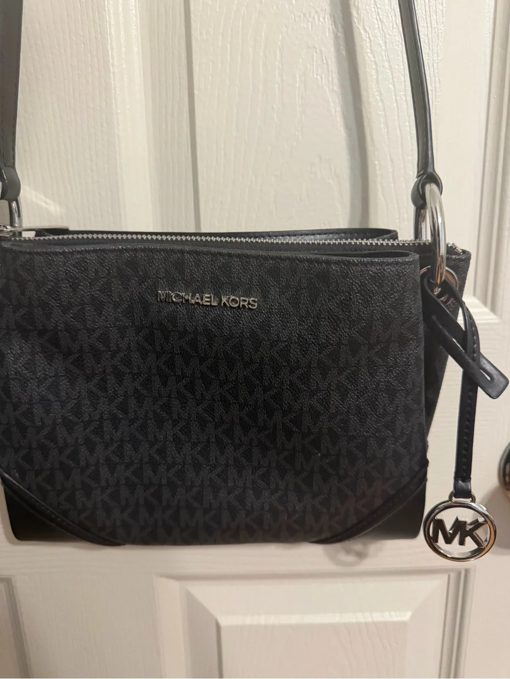 Michael Kors Black Signature MK Crossbody Purse with Silver Hardware